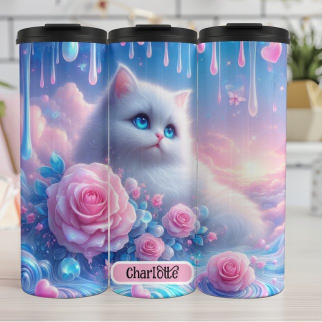 Dreamy Kitten: Pink Roses, Blue Eyes Thermal Tumbler (Creator Uploaded)