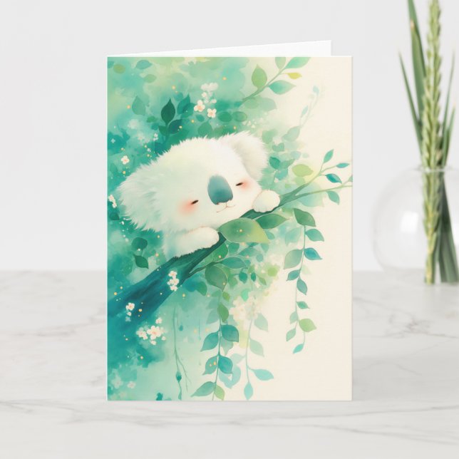 Dreamy Koala Among Emerald Leaves Card (Front)