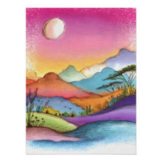 Dreamy landscape with moon, mountains, and lake poster