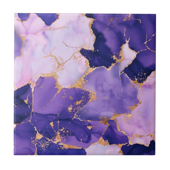 Dreamy Lavender alcohol inks and gold Ceramic Tile (Front)