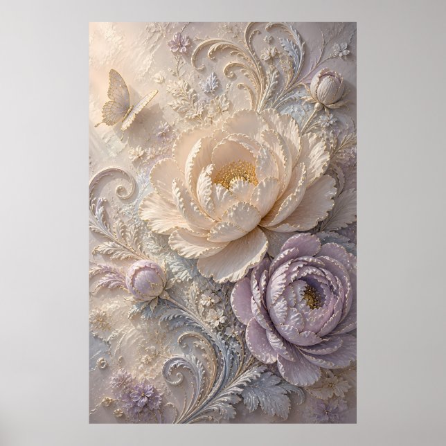 Dreamy Lavender Embossed Floral Pattern Art Poster (Front)