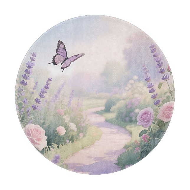 Dreamy Lavender Rose Garden Butterfly Path Cutting Board (Front)