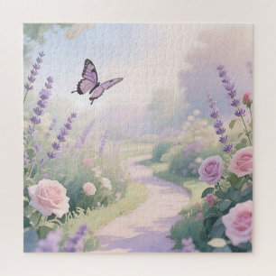 Dreamy Lavender Rose Garden Butterfly Path Jigsaw Puzzle