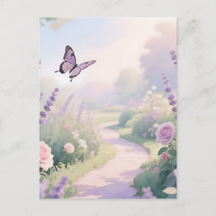 Dreamy Lavender Rose Garden Butterfly Path Postcard