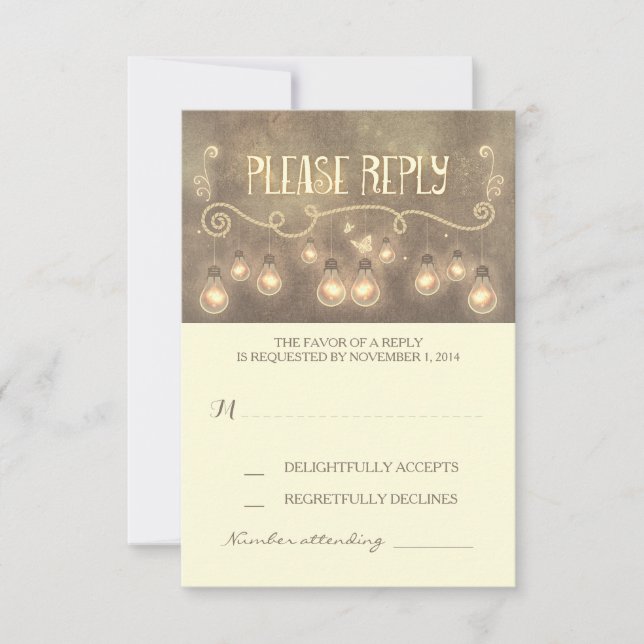 dreamy light bulbs whimsical wedding RSVP card (Front)