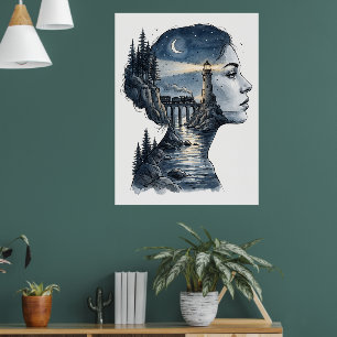Dreamy Lighthouse in Woman's Mind – Surreal Night Poster