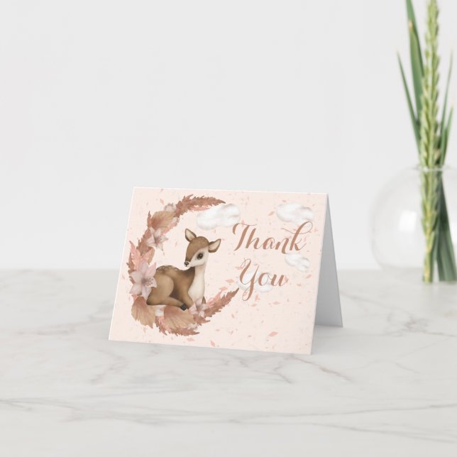 Dreamy little Bambi & pink Flowers moon Clouds Tha Thank You Card (Front)