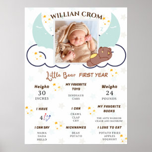 Dreamy Little Bear 1st Year Birthday Milestone Poster