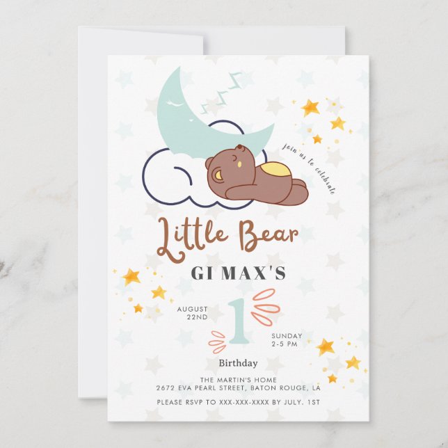 Dreamy Little Bear Cloud & Star Baby 1st Birthday Invitation (Front)