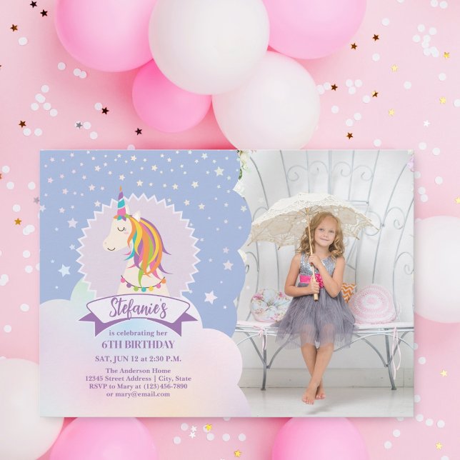 Dreamy Magical Rainbow Unicorn Girl Birthday Photo Invitation (Creator Uploaded)