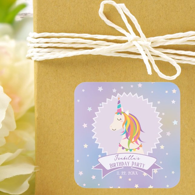 Dreamy Magical Rainbow Unicorn Girly Birthday Square Sticker (Creator Uploaded)