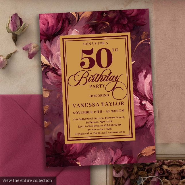 Dreamy marsala blush gold floral 50th birthday   invitation (Dreamy marsala blush gold floral 50th birthday invite

)