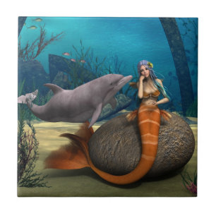 Dreamy Mermaid Dolphin Underwater Fantasy Art Ceramic Tile