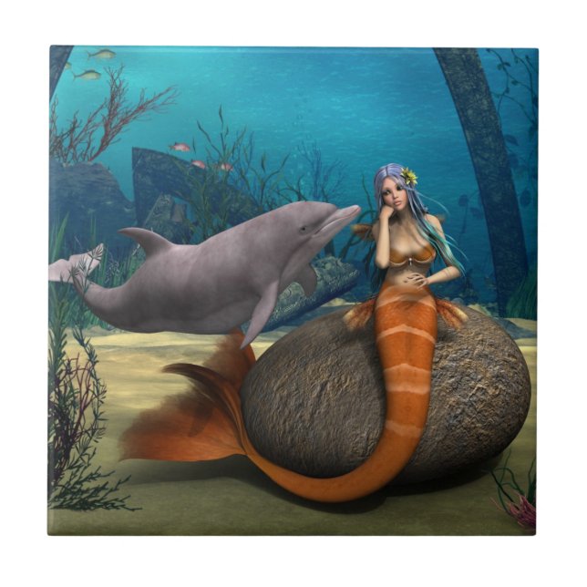 Dreamy Mermaid Dolphin Underwater Fantasy Art Ceramic Tile (Front)