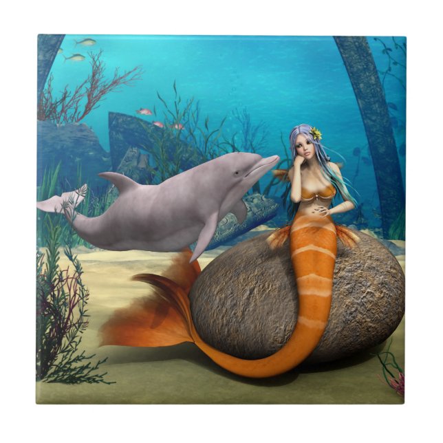 Dreamy Mermaid Dolphin Underwater Fantasy Art Ceramic Tile (Front)