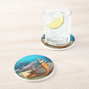 Dreamy Mermaid Dolphin Underwater Fantasy Art Coaster