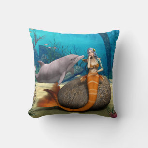 Dreamy Mermaid Dolphin Underwater Fantasy Art Cushion