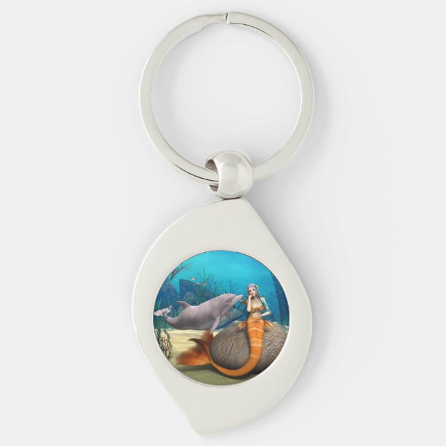 Dreamy Mermaid Dolphin Underwater Fantasy Art Key Ring (Front)