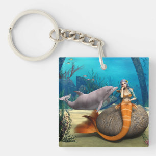 Dreamy Mermaid Dolphin Underwater Fantasy Art Key Ring