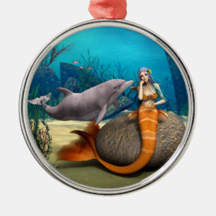 Dreamy Mermaid Dolphin Underwater Fantasy Art Metal Ornament