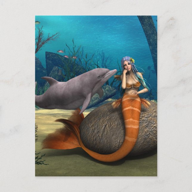 Dreamy Mermaid Dolphin Underwater Fantasy Art Postcard (Front)