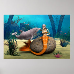 Dreamy Mermaid Dolphin Underwater Fantasy Art Poster