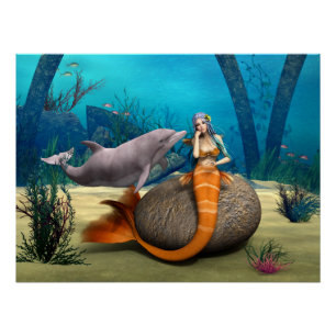 Dreamy Mermaid Dolphin Underwater Fantasy Art Poster