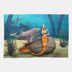 Dreamy Mermaid Dolphin Underwater Fantasy Art Tea Towel