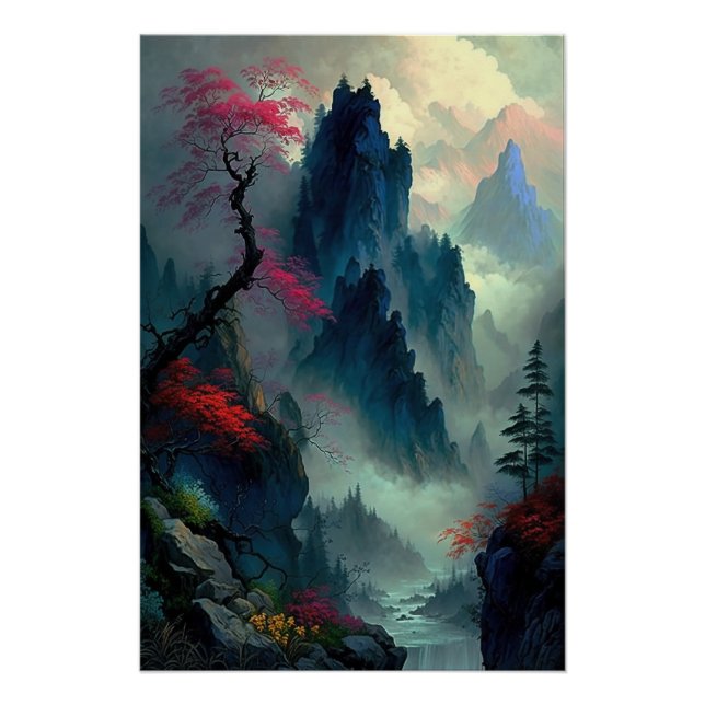 Dreamy Misty Mountain Landscape Glossy Poster (Front)
