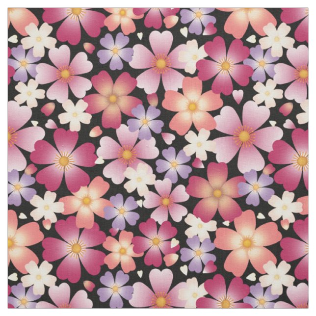 Dreamy Mixed Blossoms on Black Medium Scale Fabric (Swatch)