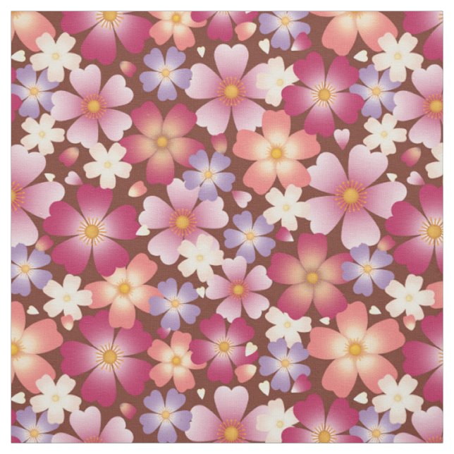 Dreamy Mixed Blossoms on Brown Medium Scale Fabric (Swatch)