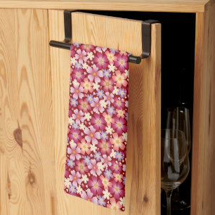 Dreamy Mixed Blossoms on Red Tea Towel