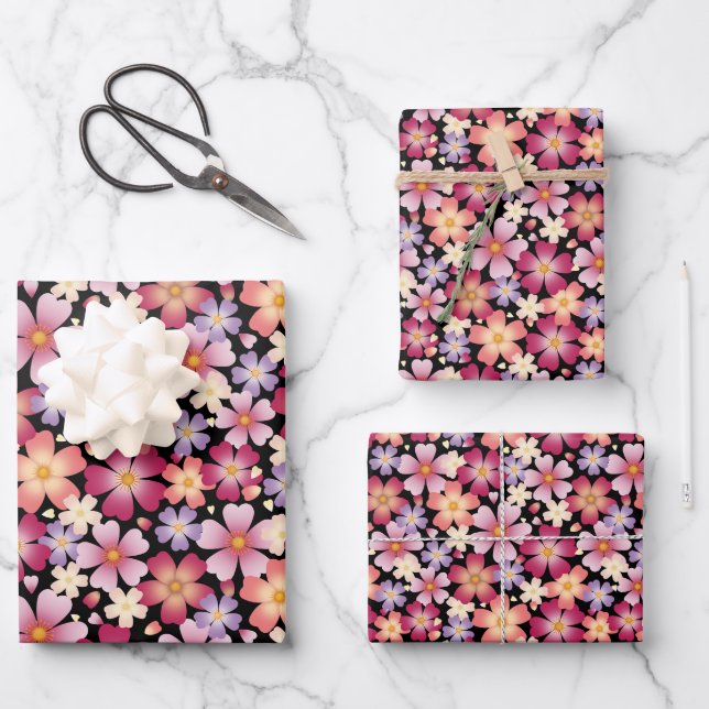 Dreamy Mixed Flowers on Black Wrapping Paper Sheet (Front)