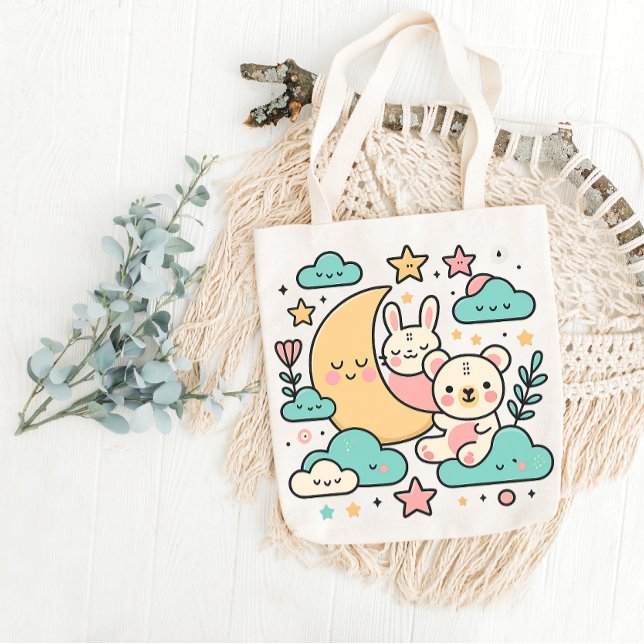Dreamy Moon Bunny and Bear Tote Bag (Creator Uploaded)