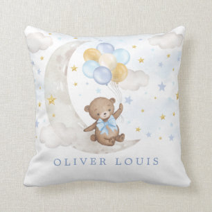 Dreamy Moon Teddy Bear Blue Gold Balloons Baby Boy Cushion
