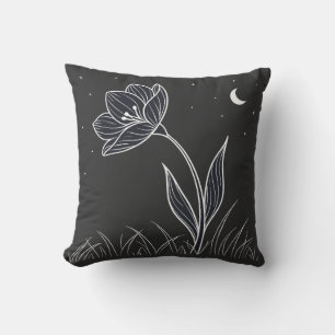 Dreamy Moonlit Flower Line Art with Stars Cushion