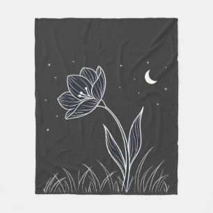Dreamy Moonlit Flower Line Art with Stars Fleece Blanket