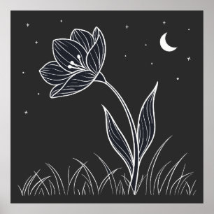 Dreamy Moonlit Flower Line Art with Stars Poster