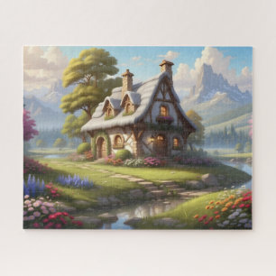 Dreamy Mountain Cottage by Stream Jigsaw Puzzle