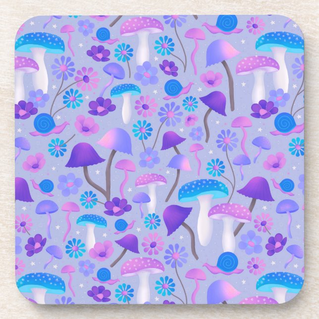 Dreamy Mushrooms Floral Woodland Purple Turquoise Coaster (Front)
