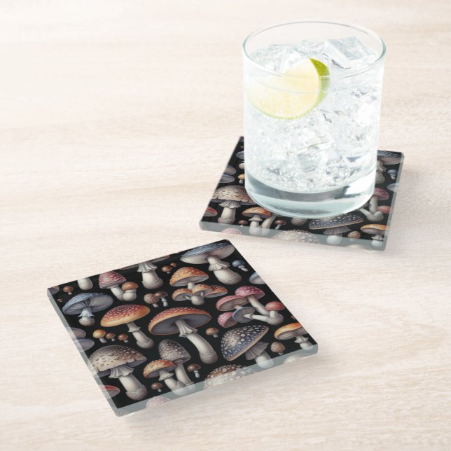 Dreamy Mushrooms Glass Coaster (Angled)