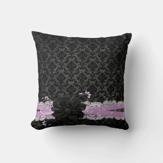 Dreamy Night Black Flower Damask Pillow (Front)