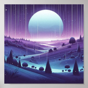 Dreamy Night Landscape - Moonlit Hills and Fallin Poster