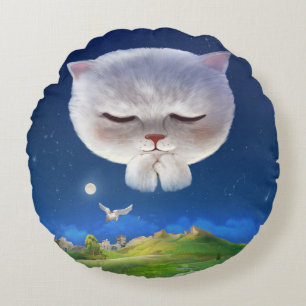Dreamy Night Sky with Cat Round Cushion