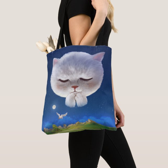Dreamy Night Sky with Cat Tote Bag (Close Up)