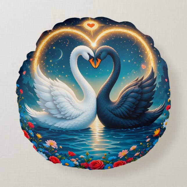 Dreamy Night Swan Surrounded by Roses and Elegance Round Cushion (Front)