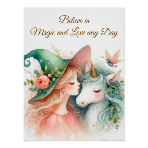 Dreamy Nursery Art Witch Unicorn Watercolor Poster