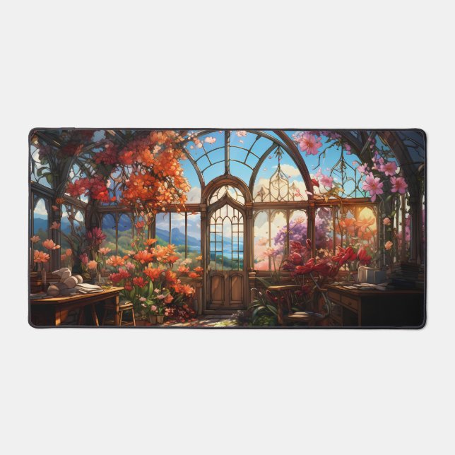 Dreamy Observatory Overgrown with Flowers Desk Mat (Front)