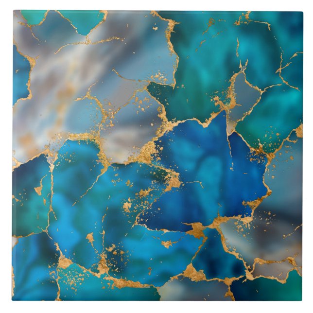 Dreamy Ocean Blue and Gold Ceramic Tile (Front)