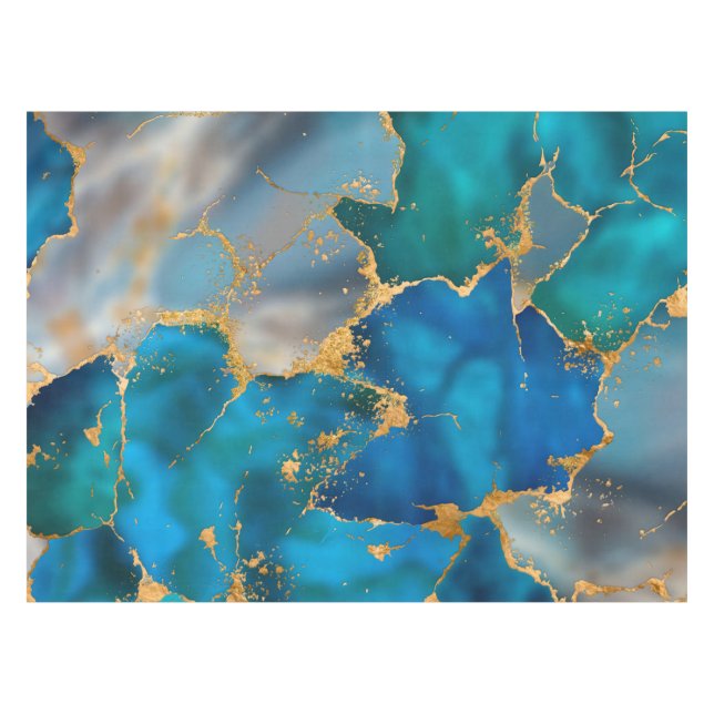 Dreamy Ocean Blue and Gold Tablecloth (Front (Horizontal))